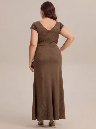 Short Sleeve Deep V-Neck Sequin Bodycon Floor Length Evening Dresses