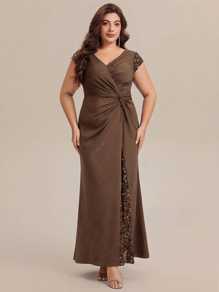 Short Sleeve Deep V-Neck Sequin Bodycon Floor Length Evening Dresses