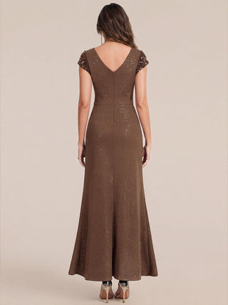 Short Sleeve Deep V-Neck Sequin Bodycon Floor Length Evening Dresses