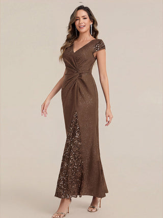 Short Sleeve Deep V-Neck Sequin Bodycon Floor Length Evening Dresses