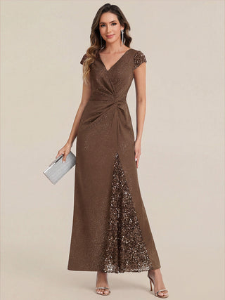 Short Sleeve Deep V-Neck Sequin Bodycon Floor Length Evening Dresses