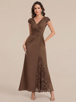 Short Sleeve Deep V-Neck Sequin Bodycon Floor Length Evening Dresses