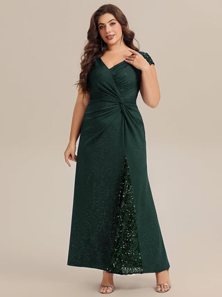 Short Sleeve Deep V-Neck Sequin Bodycon Floor Length Evening Dresses
