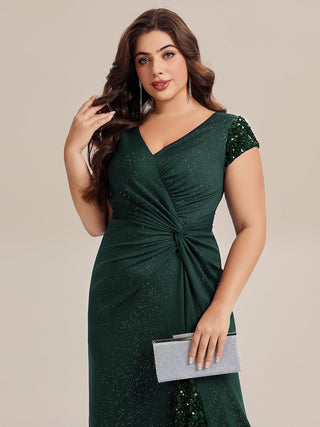 Short Sleeve Deep V-Neck Sequin Bodycon Floor Length Evening Dresses