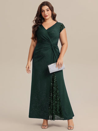 Short Sleeve Deep V-Neck Sequin Bodycon Floor Length Evening Dresses