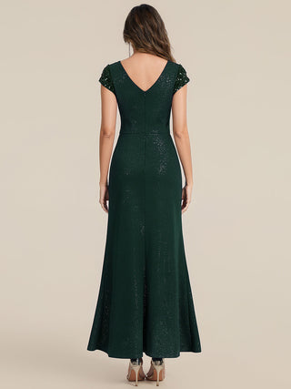 Short Sleeve Deep V-Neck Sequin Bodycon Floor Length Evening Dresses
