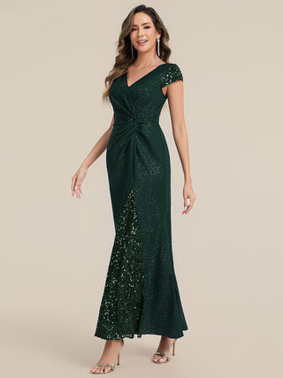 Short Sleeve Deep V-Neck Sequin Bodycon Floor Length Evening Dresses