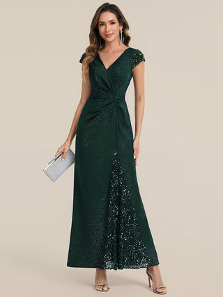 Short Sleeve Deep V-Neck Sequin Bodycon Floor Length Evening Dresses
