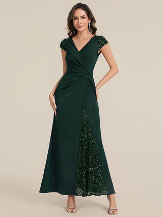 Short Sleeve Deep V-Neck Sequin Bodycon Floor Length Evening Dresses