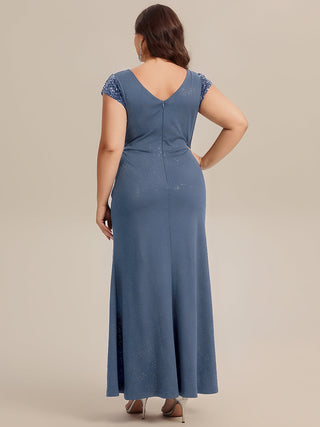 Short Sleeve Deep V-Neck Sequin Bodycon Floor Length Evening Dresses