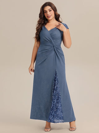 Short Sleeve Deep V-Neck Sequin Bodycon Floor Length Evening Dresses