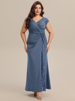 Short Sleeve Deep V-Neck Sequin Bodycon Floor Length Evening Dresses