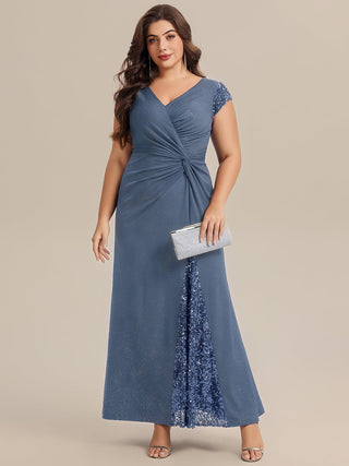 Short Sleeve Deep V-Neck Sequin Bodycon Floor Length Evening Dresses