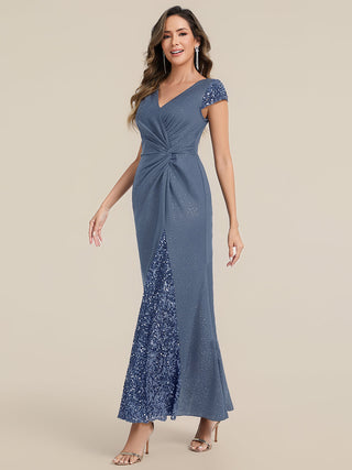 Short Sleeve Deep V-Neck Sequin Bodycon Floor Length Evening Dresses