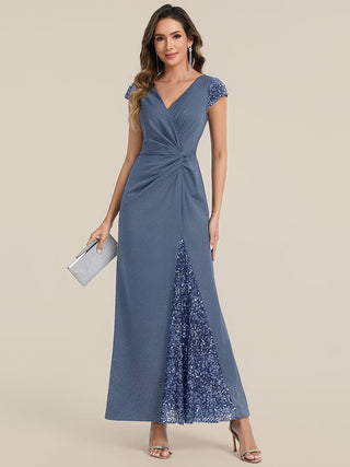 Short Sleeve Deep V-Neck Sequin Bodycon Floor Length Evening Dresses