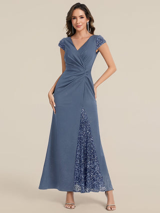 Short Sleeve Deep V-Neck Sequin Bodycon Floor Length Evening Dresses