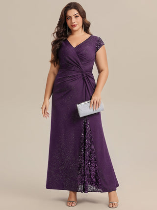 Short Sleeve Deep V-Neck Sequin Bodycon Floor Length Evening Dresses