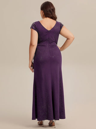 Short Sleeve Deep V-Neck Sequin Bodycon Floor Length Evening Dresses