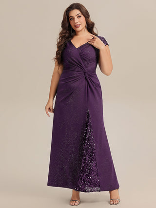 Short Sleeve Deep V-Neck Sequin Bodycon Floor Length Evening Dresses