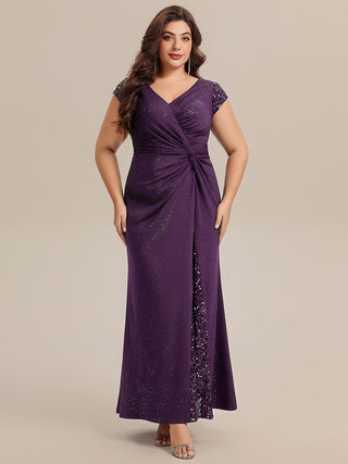 Short Sleeve Deep V-Neck Sequin Bodycon Floor Length Evening Dresses