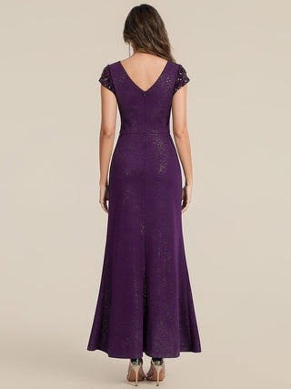 Short Sleeve Deep V-Neck Sequin Bodycon Floor Length Evening Dresses