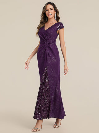 Short Sleeve Deep V-Neck Sequin Bodycon Floor Length Evening Dresses