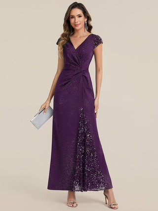 Short Sleeve Deep V-Neck Sequin Bodycon Floor Length Evening Dresses