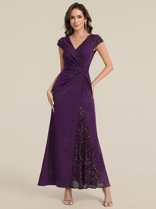 Short Sleeve Deep V-Neck Sequin Bodycon Floor Length Evening Dresses