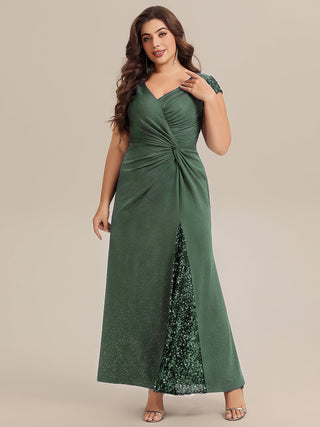 Short Sleeve Deep V-Neck Sequin Bodycon Floor Length Evening Dresses