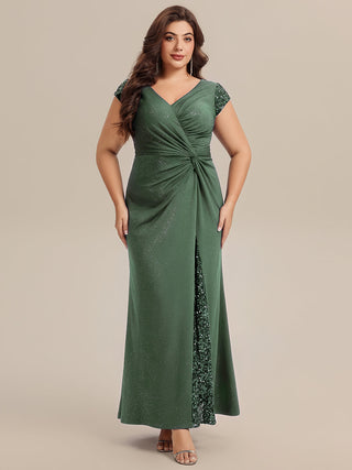 Short Sleeve Deep V-Neck Sequin Bodycon Floor Length Evening Dresses
