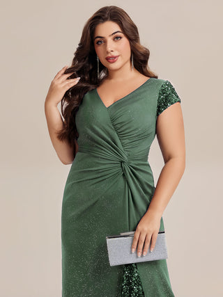 Short Sleeve Deep V-Neck Sequin Bodycon Floor Length Evening Dresses