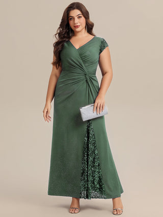 Short Sleeve Deep V-Neck Sequin Bodycon Floor Length Evening Dresses