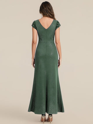Short Sleeve Deep V-Neck Sequin Bodycon Floor Length Evening Dresses