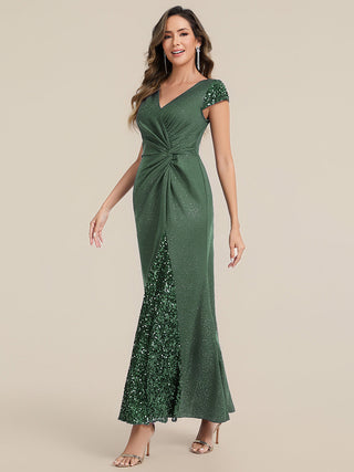 Short Sleeve Deep V-Neck Sequin Bodycon Floor Length Evening Dresses