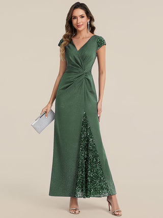 Short Sleeve Deep V-Neck Sequin Bodycon Floor Length Evening Dresses