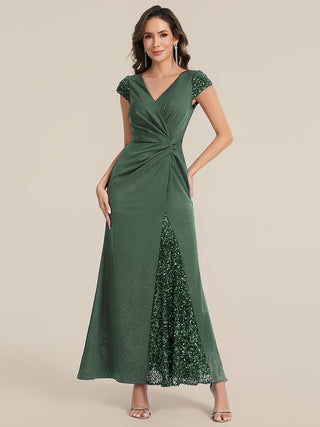 Short Sleeve Deep V-Neck Sequin Bodycon Floor Length Evening Dresses