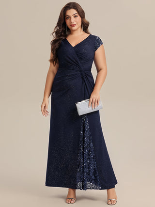 Short Sleeve Deep V-Neck Sequin Bodycon Floor Length Evening Dresses