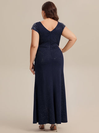 Short Sleeve Deep V-Neck Sequin Bodycon Floor Length Evening Dresses