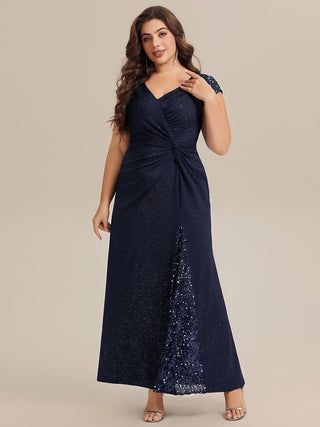 Short Sleeve Deep V-Neck Sequin Bodycon Floor Length Evening Dresses
