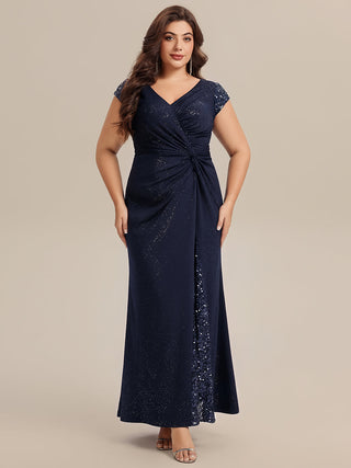 Short Sleeve Deep V-Neck Sequin Bodycon Floor Length Evening Dresses