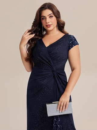Short Sleeve Deep V-Neck Sequin Bodycon Floor Length Evening Dresses