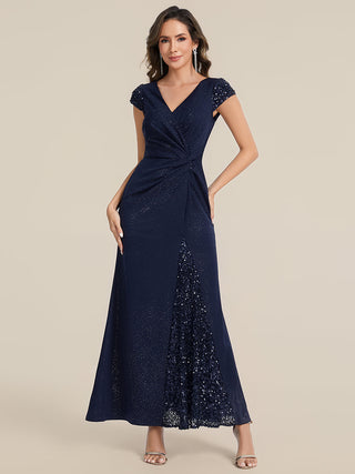 Short Sleeve Deep V-Neck Sequin Bodycon Floor Length Evening Dresses