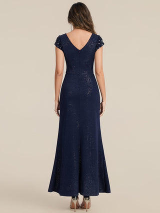 Short Sleeve Deep V-Neck Sequin Bodycon Floor Length Evening Dresses