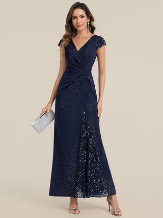 Short Sleeve Deep V-Neck Sequin Bodycon Floor Length Evening Dresses