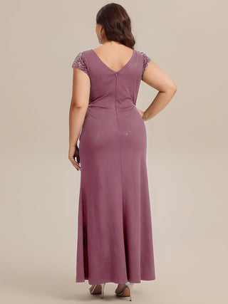 Short Sleeve Deep V-Neck Sequin Bodycon Floor Length Evening Dresses