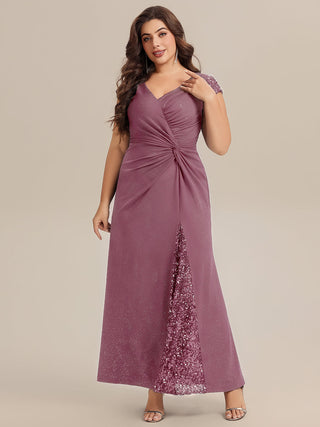 Short Sleeve Deep V-Neck Sequin Bodycon Floor Length Evening Dresses