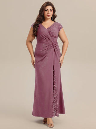 Short Sleeve Deep V-Neck Sequin Bodycon Floor Length Evening Dresses