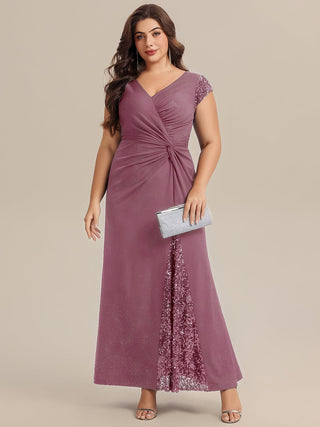 Short Sleeve Deep V-Neck Sequin Bodycon Floor Length Evening Dresses