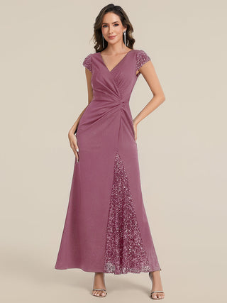 Short Sleeve Deep V-Neck Sequin Bodycon Floor Length Evening Dresses