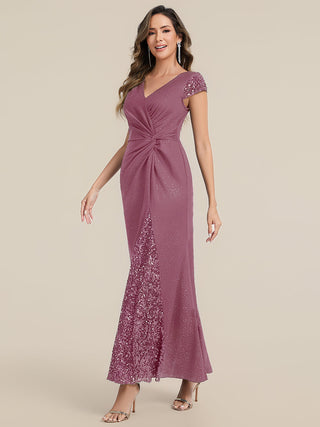 Short Sleeve Deep V-Neck Sequin Bodycon Floor Length Evening Dresses